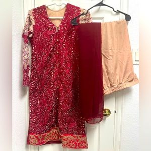 3 piece red and cream kameez with kapri and dupatta